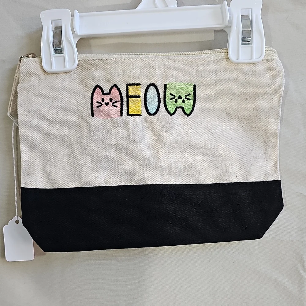 Canvas Makeup Pouch with Peekaboo Cat - Natural and Black